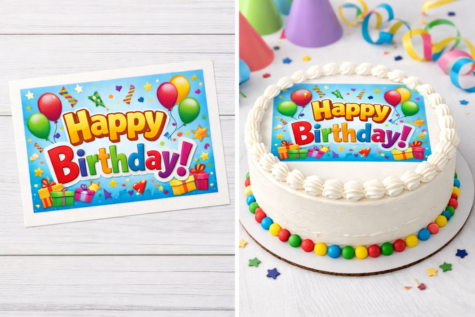 Personalized edible cake topper printed on sugar sheet for birthdays, graduations, and custom celebrations