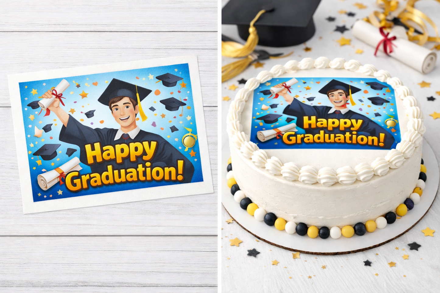 Personalized edible cake topper displayed on a frosted cake for special celebrations