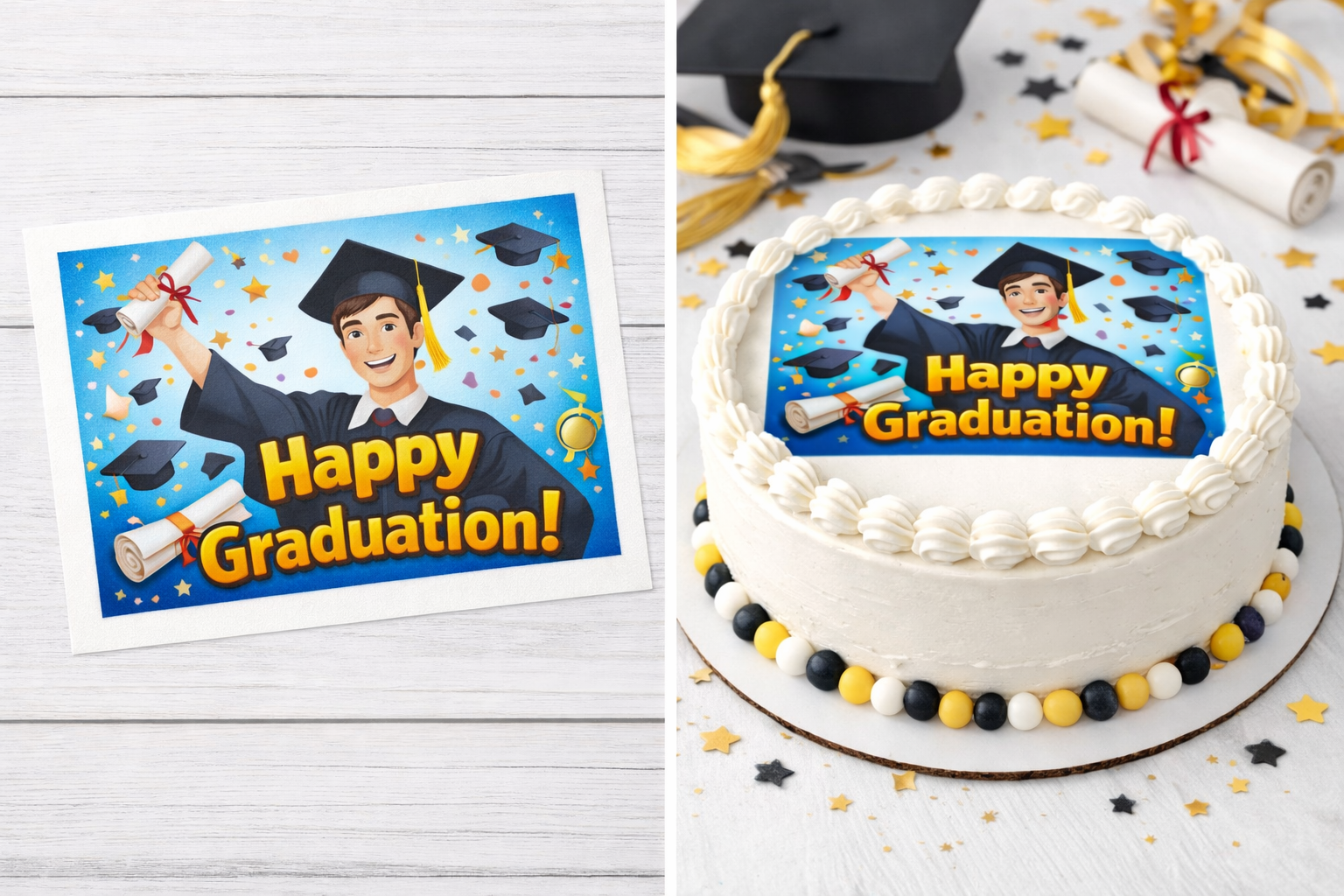 Personalized edible cake topper displayed on a frosted cake for special celebrations