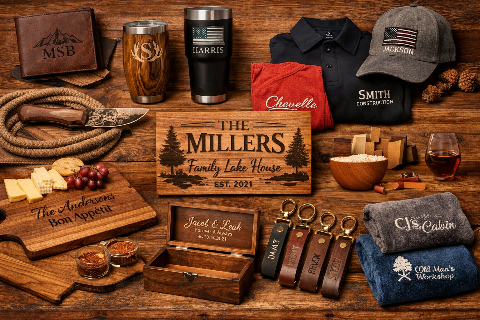 Custom engraved and embroidered gifts including tumblers, wood signs, apparel, and keepsakes